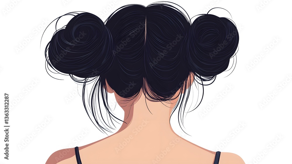 Naklejka premium Professional Vector Illustration of a Dark-Haired Woman with Space Buns Hairstyle