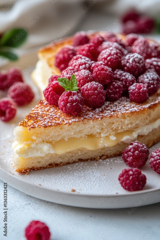 Delicious raspberry cake slice with creamy filling and powdered sugar topping on a plate dessert photography Delicious raspberry cake slice with creamy filling and powdered sugar topping on a plate dessert photography