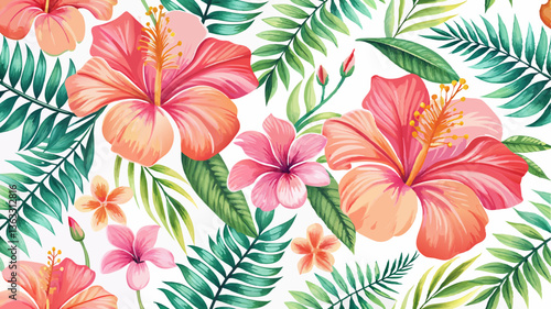 Vector tropical hibiscus seamless pattern with large watercolor hibiscus flowers, palm leaves, and exotic ferns for summer fashion