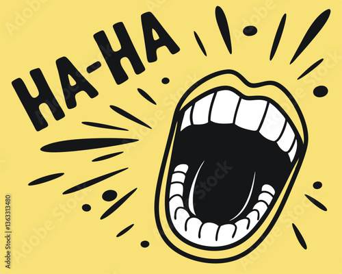 Open Mouth Laughing Out Loud with "HA-HA" Text Cartoon Illustration.
