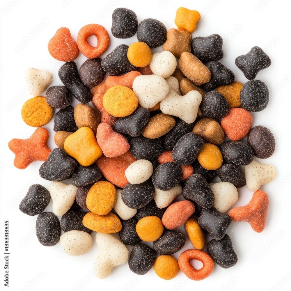 Pile of dry cat kibble with different shapes and colors isolated on a white background Pile of dry cat kibble with different shapes and colors isolated on a white background