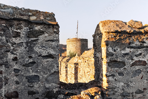 Kavala city Greece, 12.8.24 Panoramic view of from the Byzantine fortress or castle, near Panagia church, sunset colors