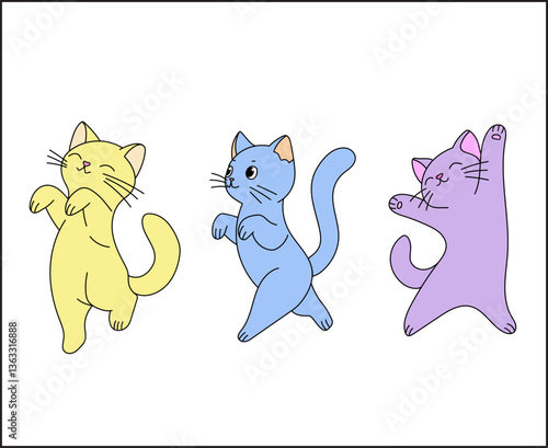Three cats in different poses and colors.