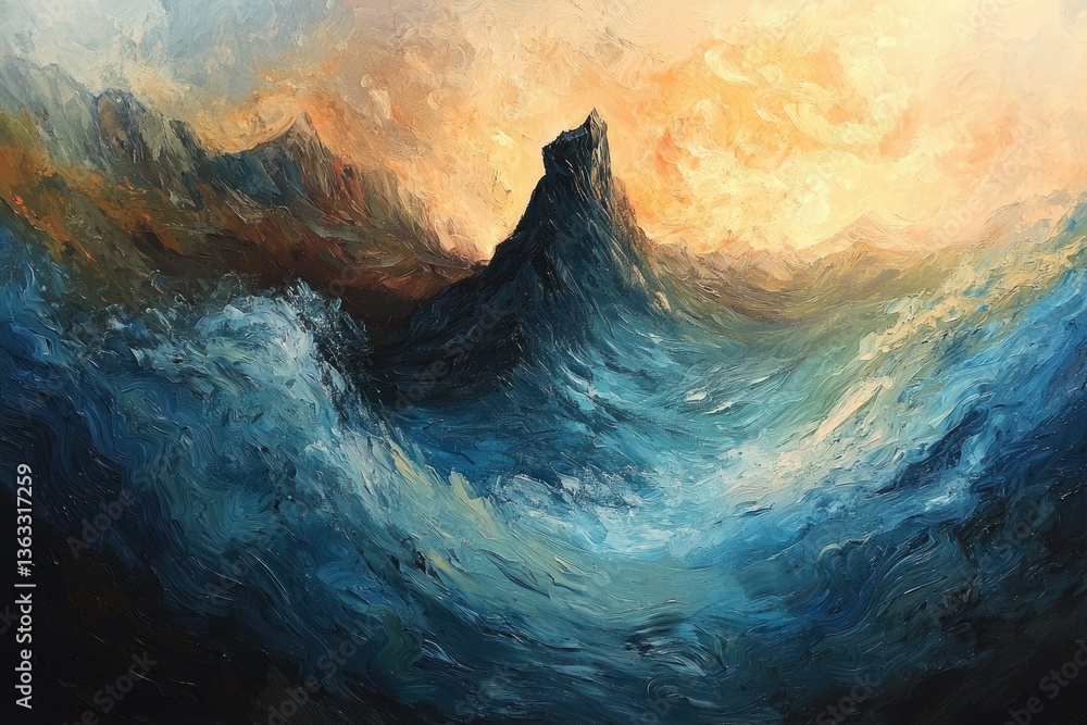 Obraz premium A majestic mountain peak rises from a turbulent sea under a dramatic, sunset sky.