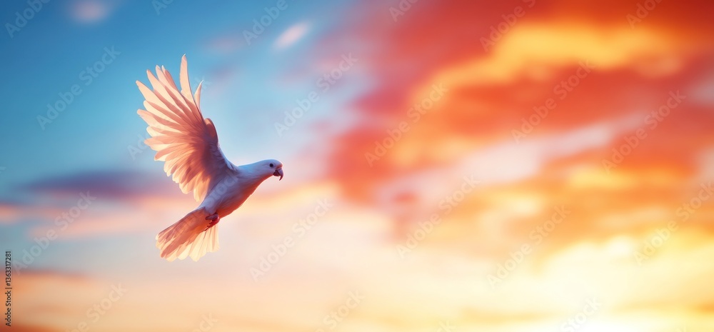 Obraz premium Dove flying against sunset sky peace and freedom