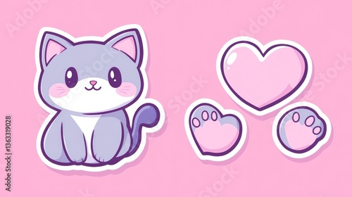 Wallpaper Mural Cute cartoon cat stickers, hearts, paws; pink background; kids' crafts Torontodigital.ca