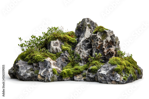 a rock with moss growing on it cutout and isolated on transparent background 