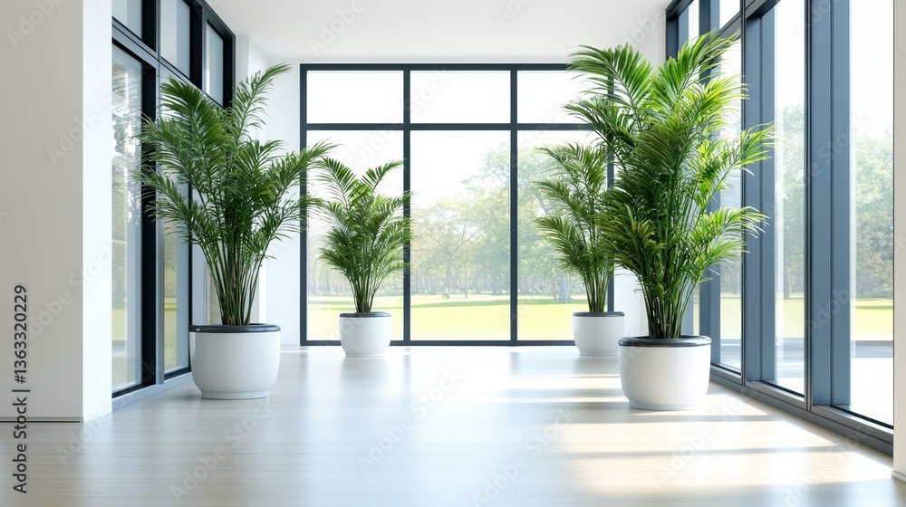 Fototapeta premium Modern Minimalist Interior Three Palm Plants in White Pots by Large Window, Indoor Plants, Minimalist Design