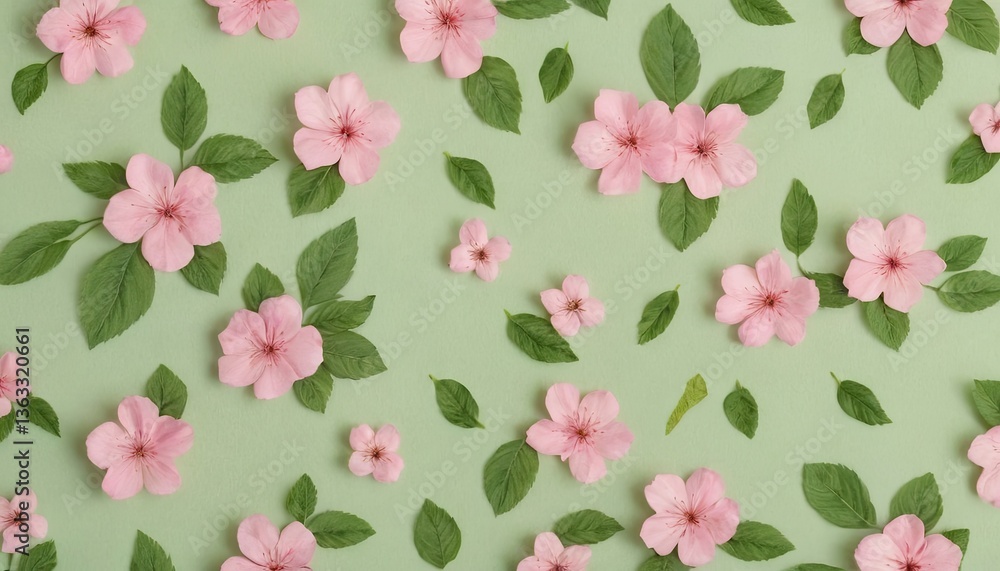 Pink pastel blossom and soft green leaves pattern for fabric and background. 2 Pink pastel blossom and soft green leaves pattern for fabric and background. 2