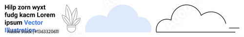 Potted plant, pastel blue cloud, and black cloud outline with clean lines and simple design. Ideal for environment, minimalism, nature, weather, d cor, websites and flat landing page banner