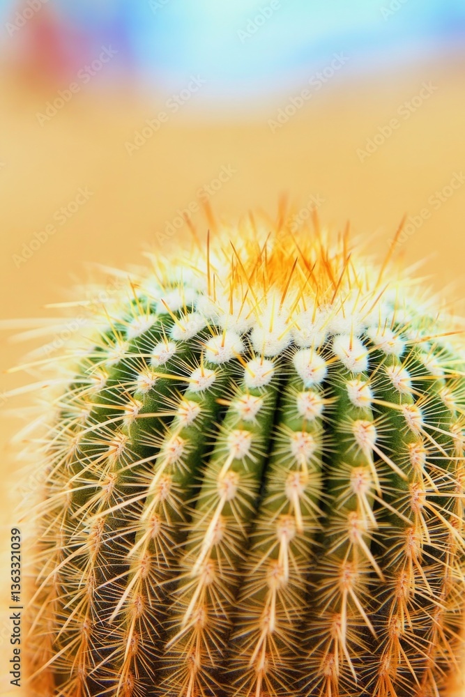 Obraz premium close-up capture of desert cactus showcasing its spines and unique textures against backdrop of golden sand