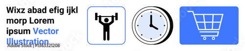 Weightlifter lifting barbell, analog clock, and shopping cart in linear graphic style. Ideal for fitness, schedule, ecommerce, productivity, minimalism, lifestyle planning simple landing page