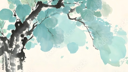 Blue and Green Watercolor Tree Painting