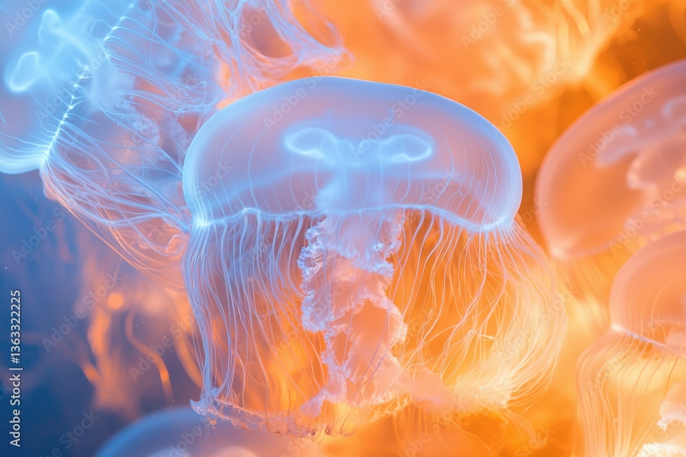 Naklejka premium Ethereal jellyfish gracefully float in an aquatic ballet, illuminated by warm, orange light.