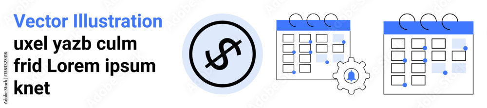 Calendar grid and gear representing task automation, dollar icon for finance. Ideal for scheduling, planning, budgeting, time management, automation, workflow, simple landing page Calendar grid and gear representing task automation, dollar icon for finance. Ideal for scheduling, planning, budgeting, time management, automation, workflow, simple landing page
