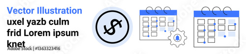 Calendar grid and gear representing task automation, dollar icon for finance. Ideal for scheduling, planning, budgeting, time management, automation, workflow, simple landing page
