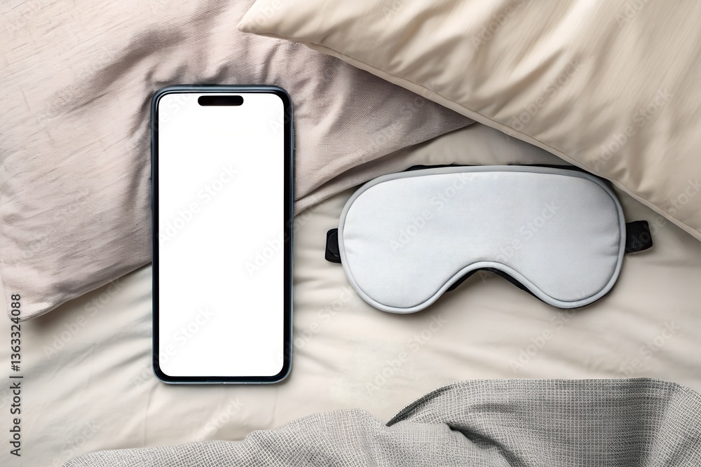 Smartphone mockup with blank screen and sleeping mask on soft bed. Ideal for wellness, sleep apps, or nighttime UI designs.