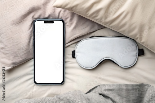 Obraz na płótnie Smartphone mockup with blank screen and sleeping mask on soft bed. Ideal for wellness, sleep apps, or nighttime UI designs. w salonie