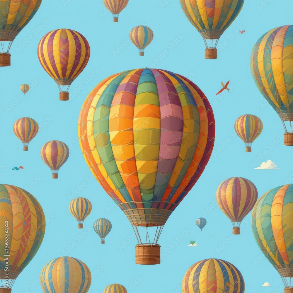 Fototapeta premium Vibrant Colorful Hot Air Balloons Bright Blue Sky - Adventure Freedom Concept Spring Travel Promotions Copy Space