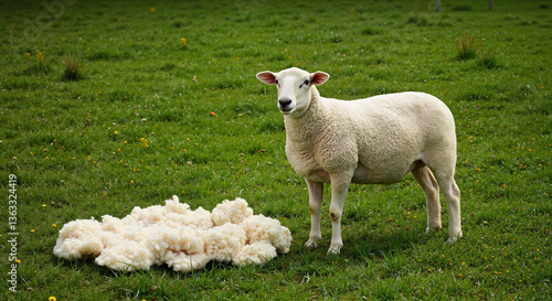 Sheep standing beside freshly sheared wool on green pasture 