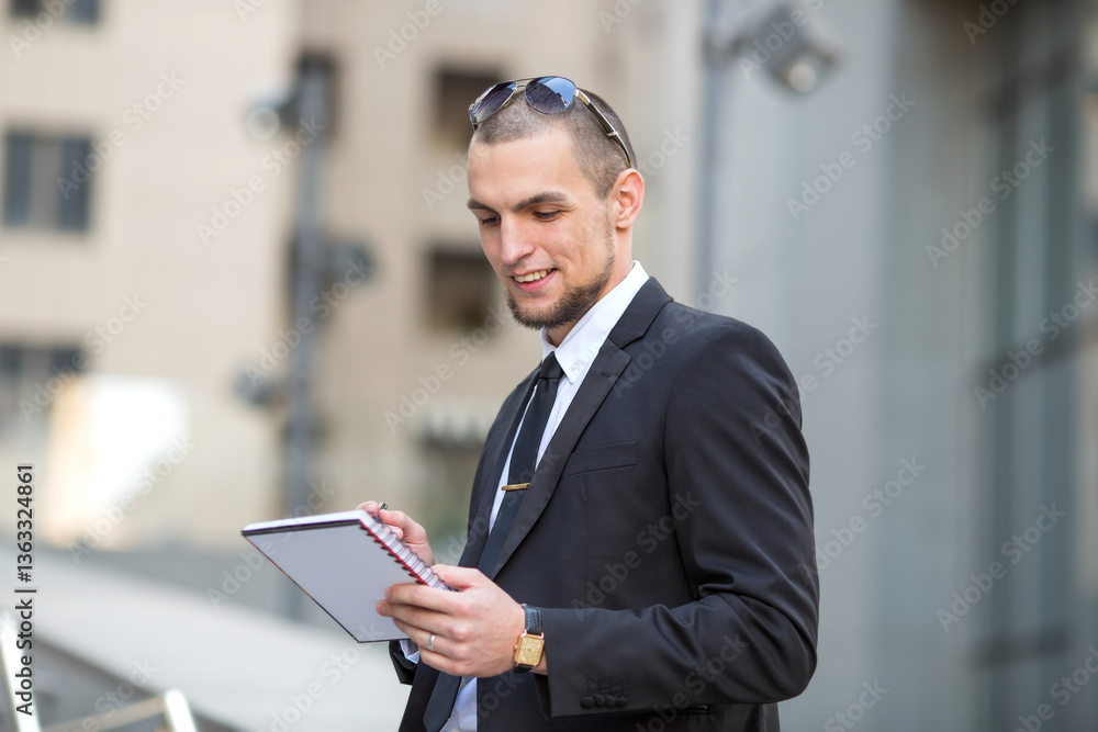 Business man in the background office building. Businessman portrait. Confident and charismatic modern business man. Note pad record. Young man of arabic origin in a suit. Business man in the background office building. Businessman portrait. Confident and charismatic modern business man. Note pad record. Young man of arabic origin in a suit.