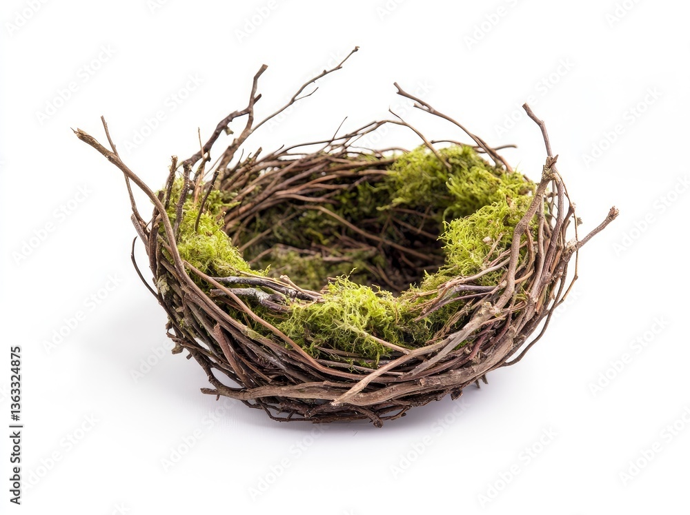 Obraz premium Rustic Bird Nest with Mossy Interior on White Background for Crafting