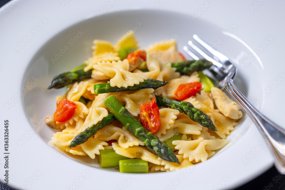Farfalle pasta with green asparagus, cherry tomatoes and chicken Farfalle pasta with green asparagus, cherry tomatoes and chicken