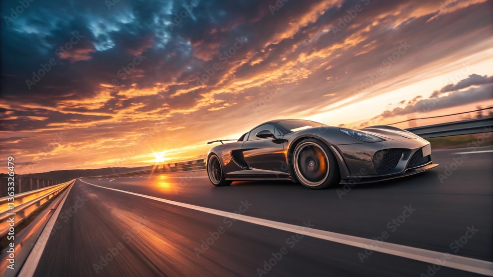 Sports car, high-speed motion, blurred highway, sunset sky Sports car, high-speed motion, blurred highway, sunset sky