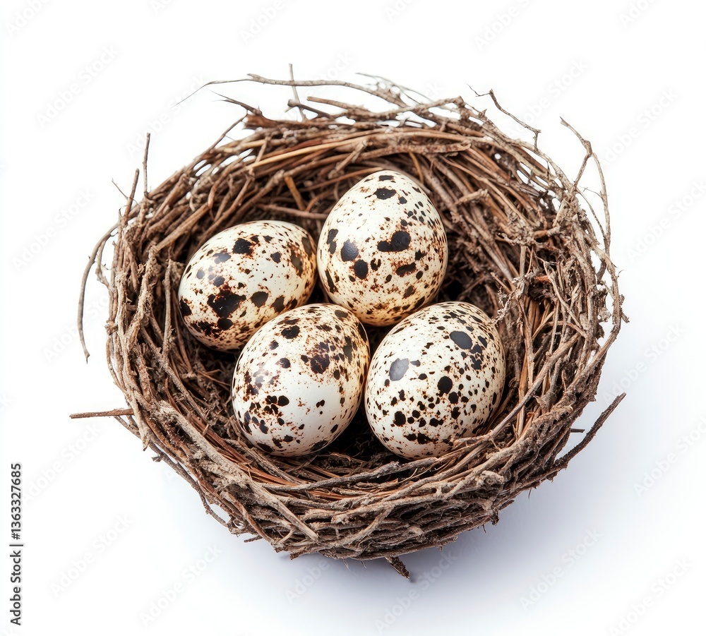 Speckled Eggs in Natural Nest on White Background Symbolizing Spring Speckled Eggs in Natural Nest on White Background Symbolizing Spring