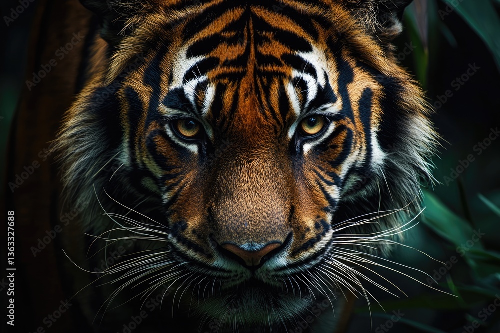 Naklejka premium A majestic tiger's intense gaze is captured close-up, revealing intricate details of its face and captivating eyes. The surrounding environment adds to the creature's mysterious aura.