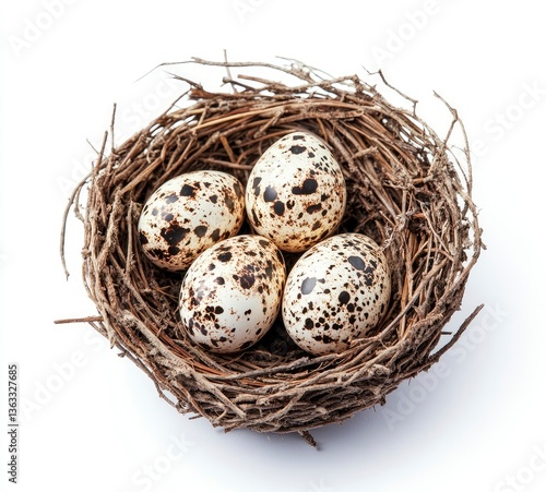 Speckled Eggs in Natural Nest on White Background Symbolizing Spring