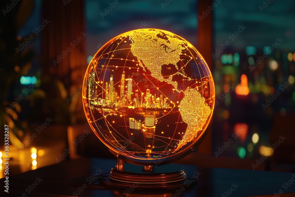 A glowing globe representing the world, highlighting interconnectedness and global data networks. Its interior reveals a vibrant cityscape