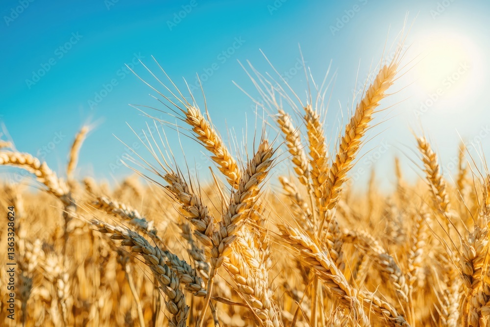 Wheat field under the bright blue sky, bathed in sunlight, symbolizing abundance Wheat field under the bright blue sky, bathed in sunlight, symbolizing abundance