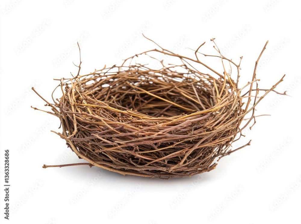 Empty Bird Nest Woven with Twigs on White Background Studio Shot Empty Bird Nest Woven with Twigs on White Background Studio Shot