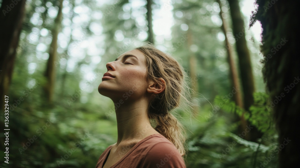 In a peaceful forest, a woman takes a moment to breathe deeply, embracing the tranquility of nature. The sunlight softly filters through the trees, creating a calming atmosphere. In a peaceful forest, a woman takes a moment to breathe deeply, embracing the tranquility of nature. The sunlight softly filters through the trees, creating a calming atmosphere.