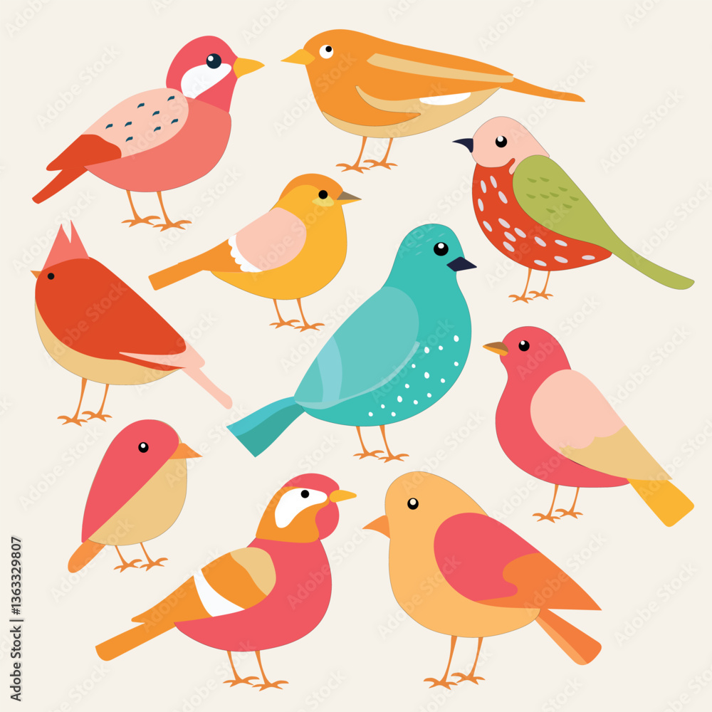 Obraz premium Colorful cartoon birds collection – flat vector illustration A charming collection of colorful cartoon birds