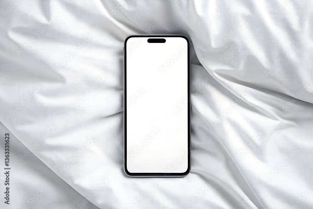 Minimal smartphone mockup with blank screen on white bed sheets. Clean and elegant presentation for mobile UI or app display.
