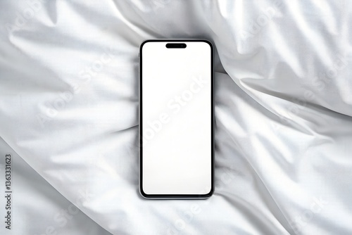 Obraz na płótnie Minimal smartphone mockup with blank screen on white bed sheets. Clean and elegant presentation for mobile UI or app display. w salonie