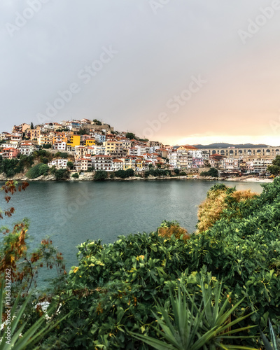Panoramic view to Kavala city principal touristic seaport of eastern Macedonia Greece, the architecture of the old church features magnificent arches, summer destination