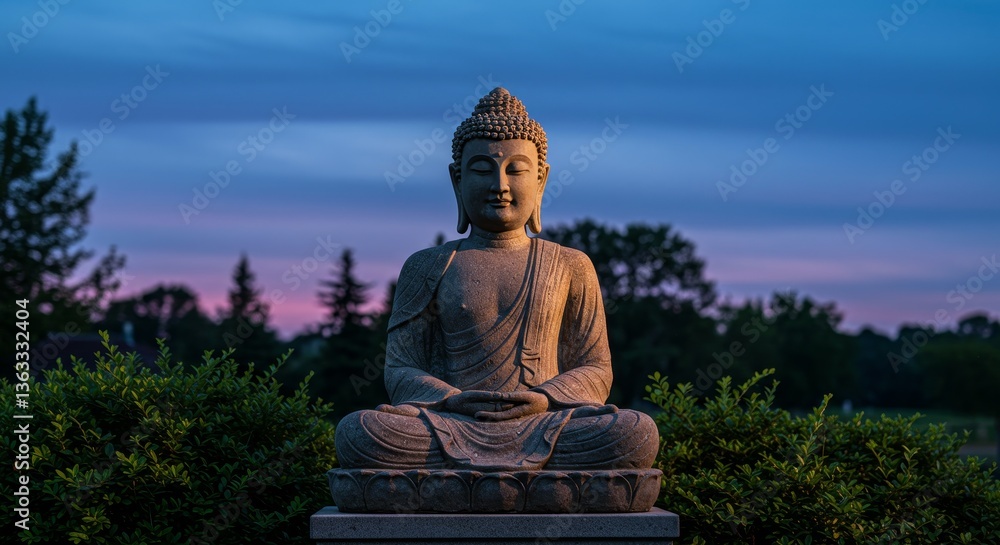 Buddha statue meditating in serene outdoor garden Buddha statue meditating in serene outdoor garden