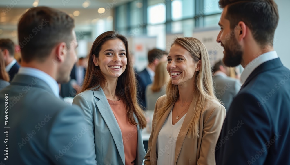 Group of young professionals engage in conversations at career fair. Smiling people in business attire networking. Discussions about job opportunities, career paths, future planning. Employment, Group of young professionals engage in conversations at career fair. Smiling people in business attire networking. Discussions about job opportunities, career paths, future planning. Employment,