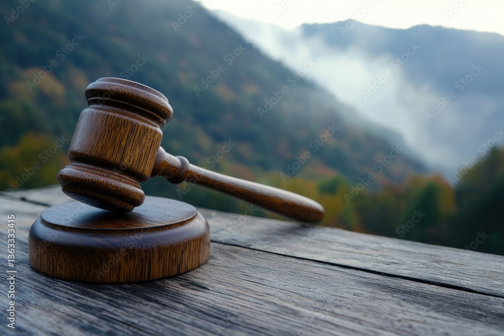 Obraz premium Wooden gavel rests on rustic wood, scenic mountain backdrop. Symbol of justice and nature's harmony.