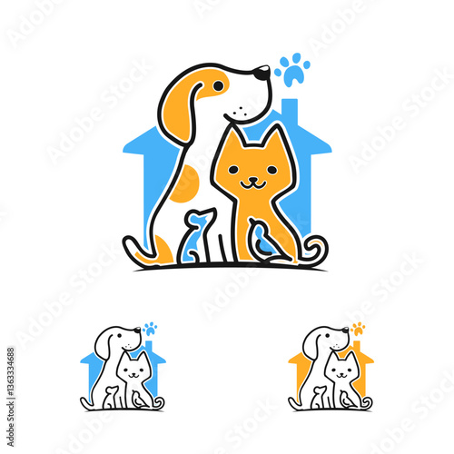 dog and cat, mouse and bird, framed by a blue abstract house shape, pets logo
