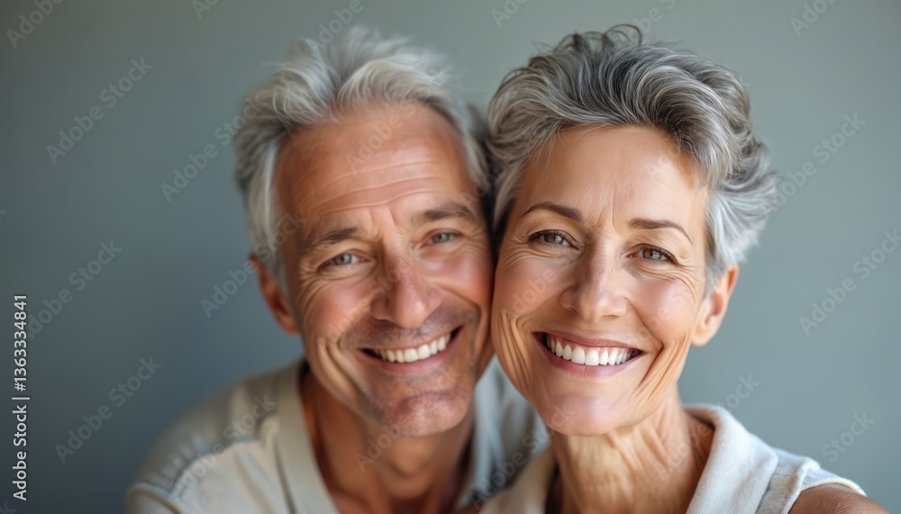 Happy smiling couple embraces, faces in close-up. Mature man woman with healthy skin, white teeth. People are enjoying life, wellness and beauty. Skincare advertising concept. Happy smiling couple embraces, faces in close-up. Mature man woman with healthy skin, white teeth. People are enjoying life, wellness and beauty. Skincare advertising concept.