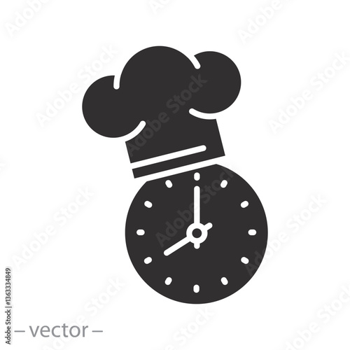 chef hat and clock, cooking time icon, flat vector illustration