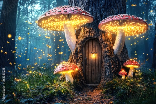 A magical mushroom house nestled in a mystical forest. Glowing mushroom caps and sparkling lights create a fairy tale atmosphere.