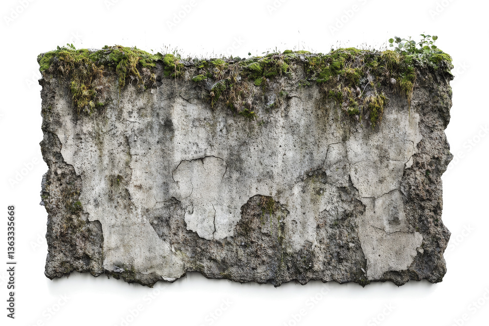 a piece of concrete with moss growing on it cutout and isolated on transparent background