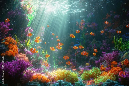 A vibrant underwater scene teeming with colorful coral and fish, bathed in sunlight. Playful clownfish dart through the reef amidst diverse plant life, creating a lively ecosystem.