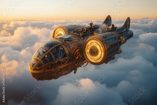 Steampunk airship soaring majestically above the clouds at sunset, with a glimpse of its intricate details. The image evokes a sense of adventure and wonder