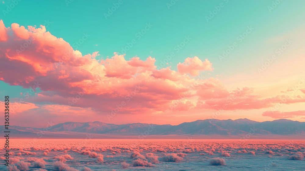 Fototapeta premium A crystalline desert where the ever-changing sky bathes the land in constantly morphing shades of pink, teal, and orange